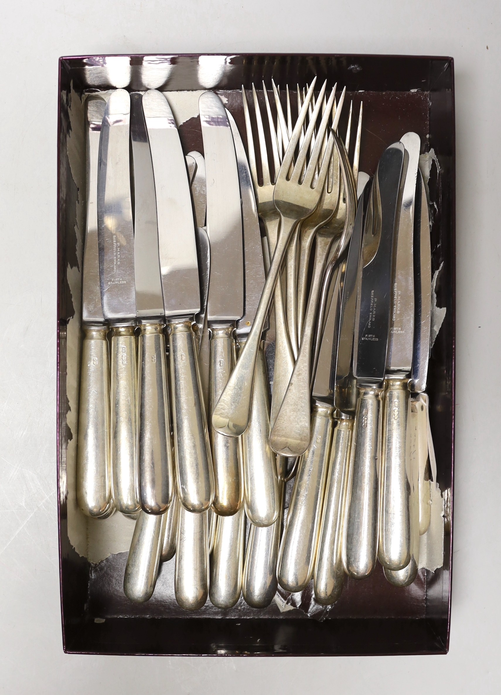 A set of twelve Elizabeth II silver handled dessert knives and twelve table knives, FB, Sheffield, 1969 and six assorted 19th century silver table forks, 12.8oz.